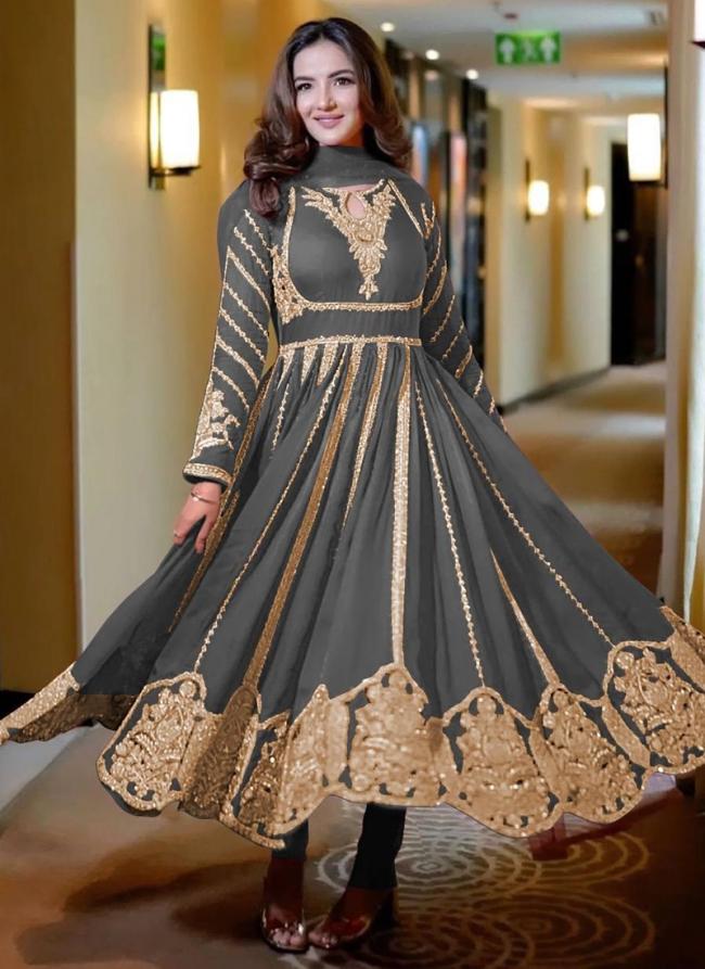 Georgette Grey Wedding Wear Embroidery Work Readymade Anarkali Suit